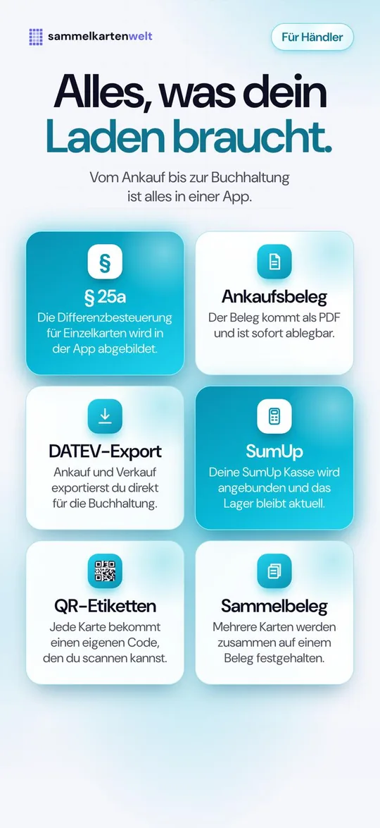 Für Händler: § 25a, Ankaufsbeleg, DATEV-Export, SumUp, QR-Etiketten und Sammelbeleg