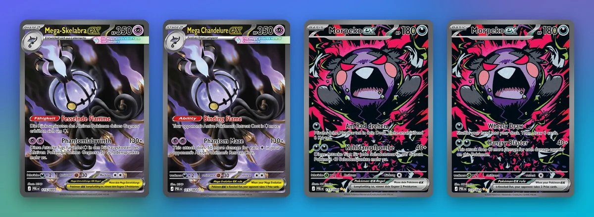 Mega-Skelabra ex und Morpeko ex, jeweils in der deutschen und der englischen Fassung