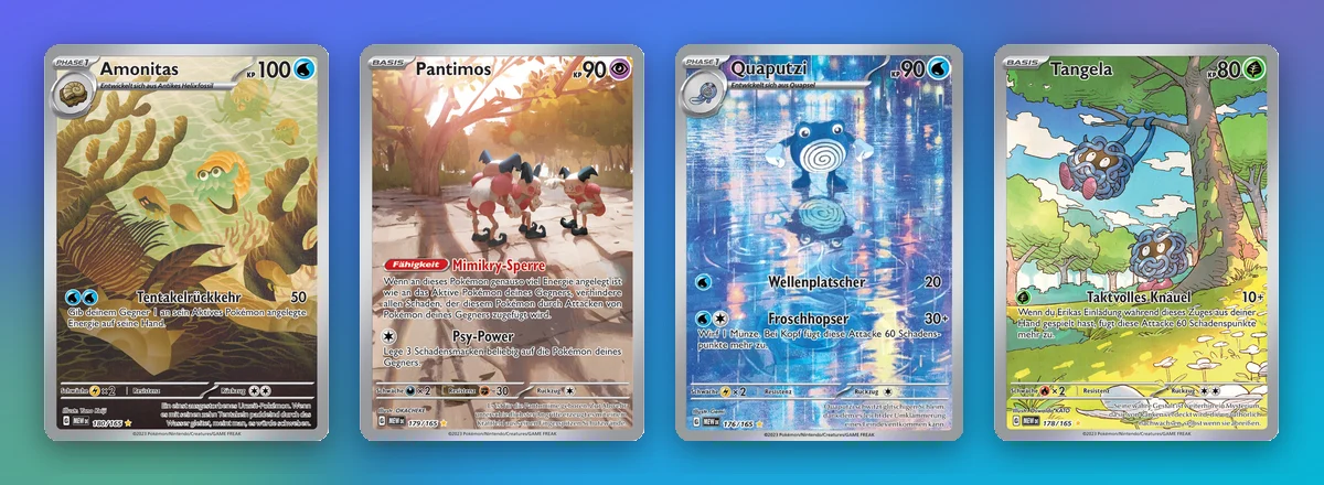 Vier Illustration Rares mit starker Entwicklung: Amonitas, Pantimos, Quaputzi und Tangela