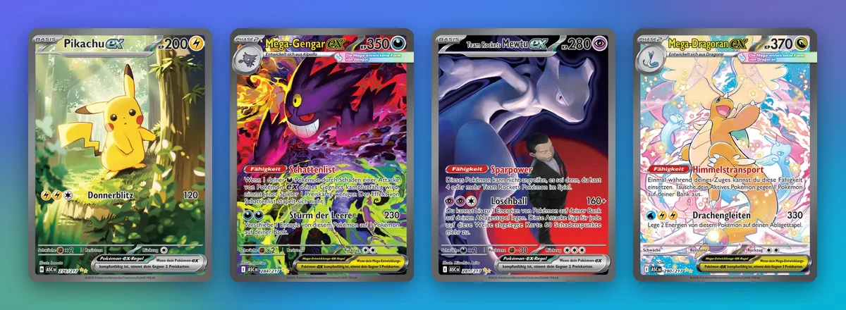 Vier Special Illustration Rares mit starker Entwicklung: Pikachu ex, Mega-Gengar ex, Team Rockets Mewtu ex und Mega-Dragoran ex