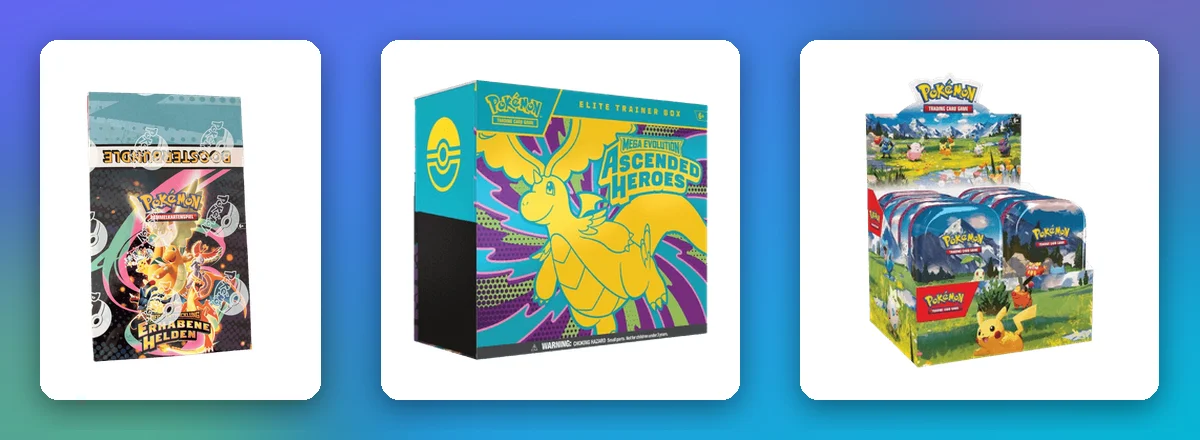 Erhabene Helden Sealed-Produkte: Boosterbundle-Display, Elite Trainer Box und Mini-Tin-Display