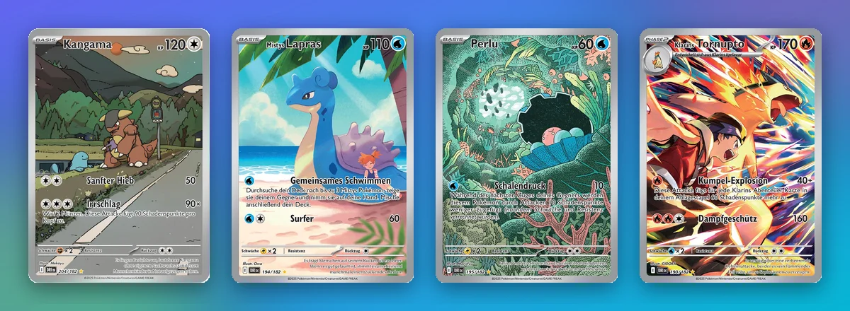 Vier Illustration Rares mit starker Entwicklung: Kangama, Mistys Lapras, Perlu und Klarins Tornupto