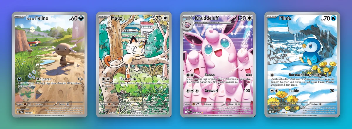 Vier Illustration Rares mit starker Entwicklung: Paldea-Felino, Mauzi, Knuddeluff und Plinfa