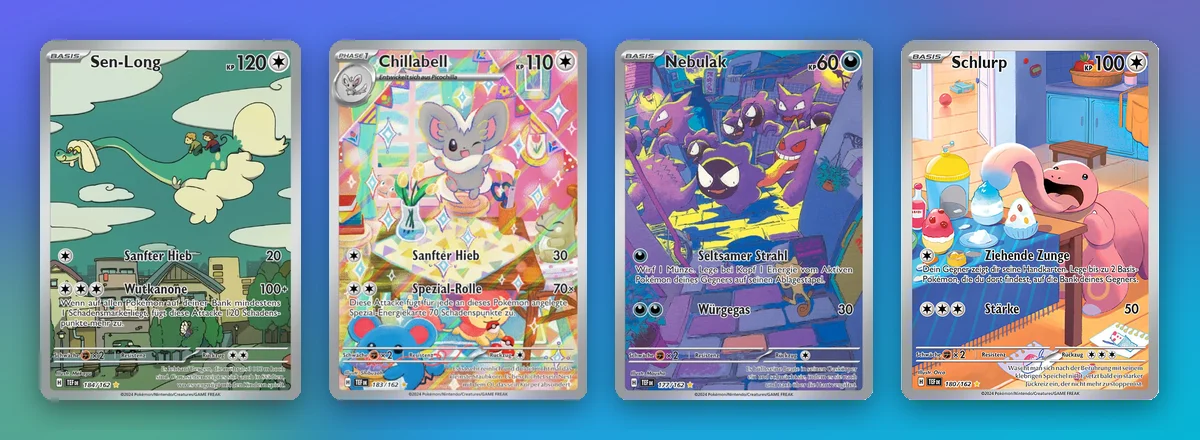 Vier Illustration Rares mit starker Entwicklung: Sen-Long, Chillabell, Nebulak und Schlurp