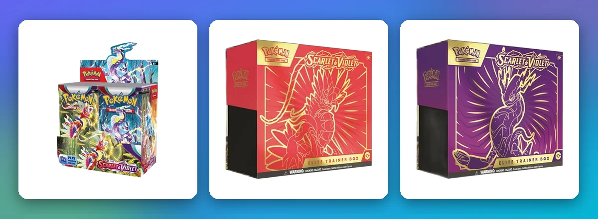 Karmesin & Purpur Sealed-Produkte: Display, Koraidon-Top-Trainer-Box und Miraidon-Top-Trainer-Box