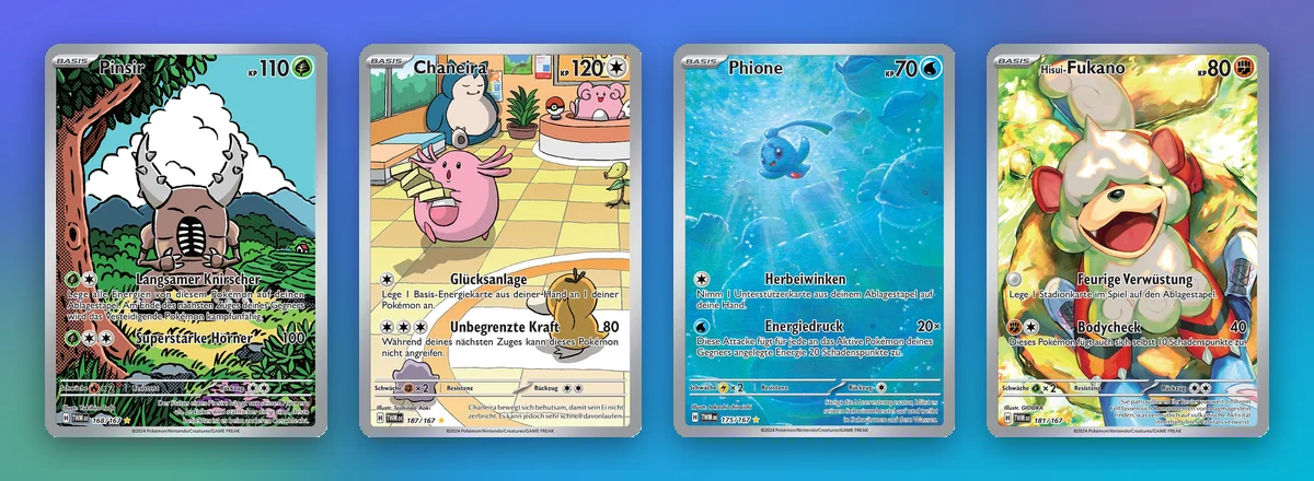 Vier Illustration Rares mit starker Entwicklung: Pinsir, Chaneira, Phione und Hisui-Fukano