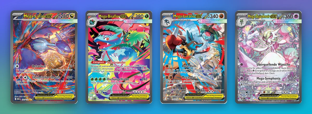 Vier Special Illustration Rares mit starker Entwicklung: Mega-Latias ex, Mega-Bisaflor ex, Mega-Lucario ex und Mega-Guardevoir ex