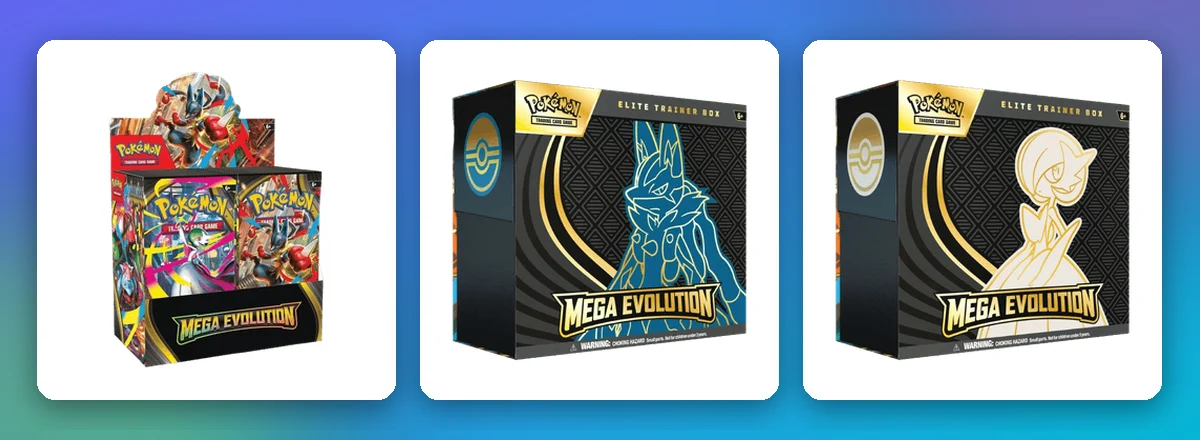 Mega-Entwicklung Sealed-Produkte: Display, Mega-Lucario Top-Trainer-Box und Mega-Guardevoir Top-Trainer-Box