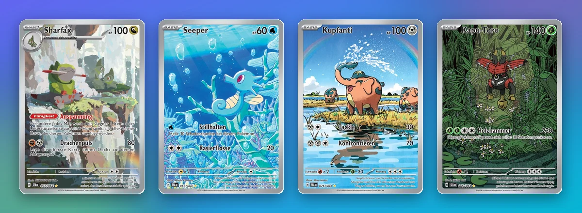 Vier Illustration Rares mit starker Entwicklung: Sharfax, Seeper, Kupfanti und Kapu-Toro