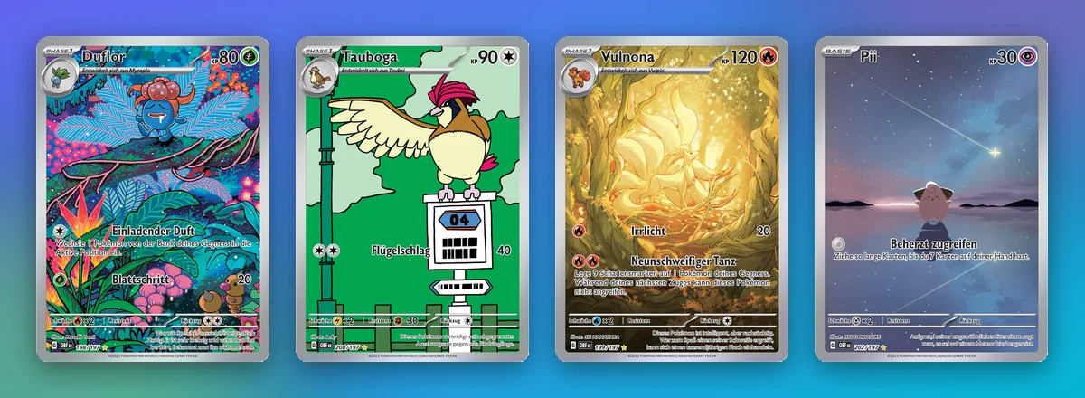 Vier Illustration Rares mit starker Entwicklung: Duflor, Tauboga, Vulnona und Pii