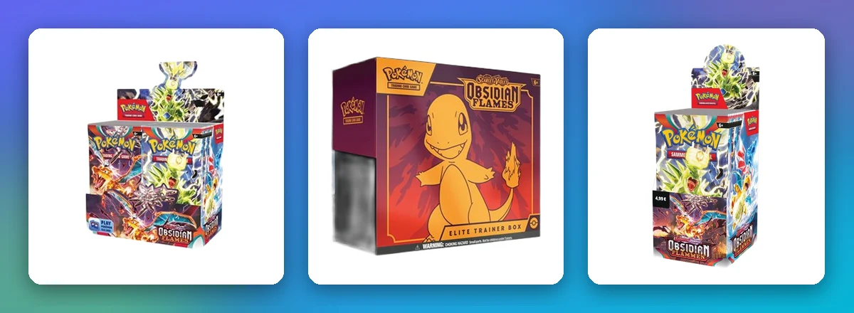 Obsidianflammen Sealed-Produkte: 36er-Display, Top-Trainer-Box und 18er-Display