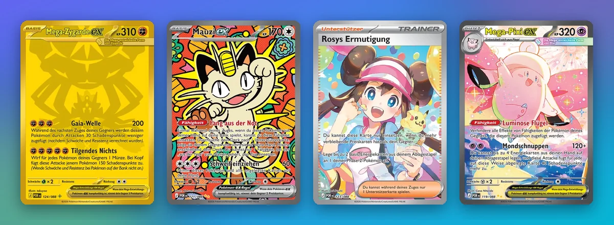 Die vier teuersten Karten aus Optimale Ordnung: Mega-Zygarde ex, Mauzi ex, Rosys Ermutigung und Mega-Pixi ex
