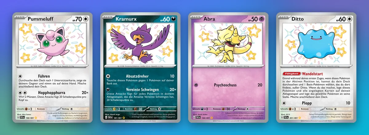 Vier Shiny Rares mit starker Entwicklung: Pummeluff, Kramurx, Abra und Ditto