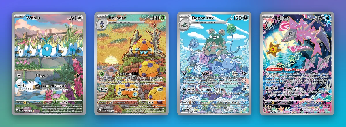 Vier Illustration Rares mit starker Entwicklung: Wablu, Keradar, Deponitox und Agiluza