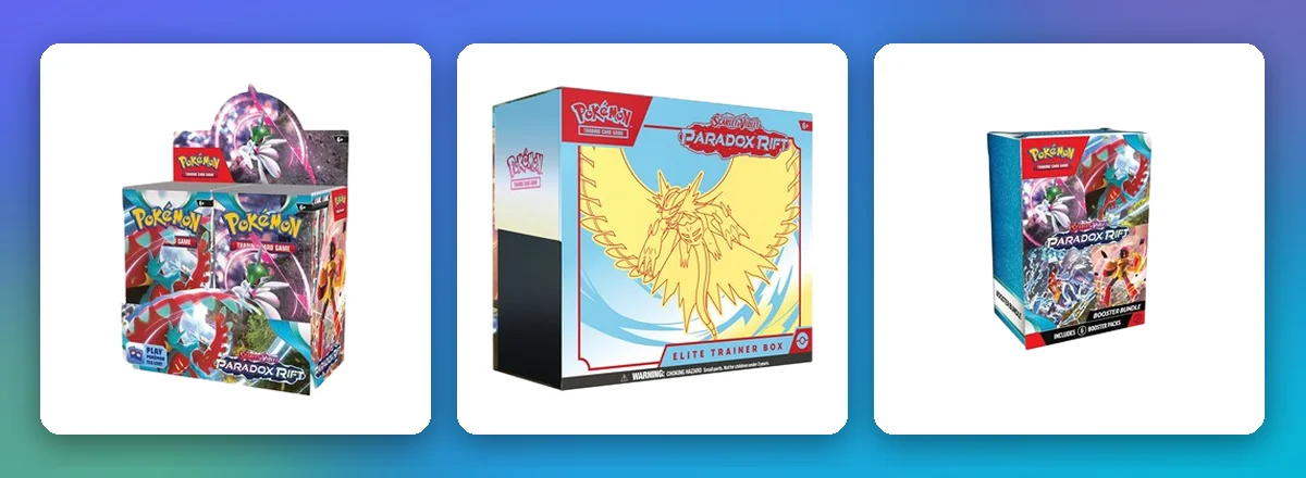 Paradoxrift Sealed-Produkte: 36er-Display, Donnersichel-Top-Trainer-Box und Boosterbundle