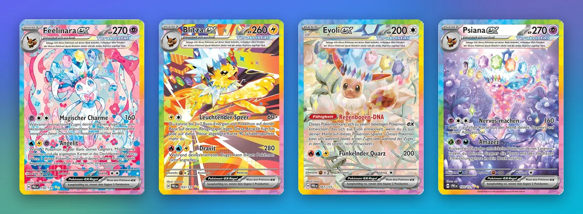 Vier Special Illustration Rares mit starker Entwicklung: Feelinara ex, Blitza ex, Evoli ex und Psiana ex