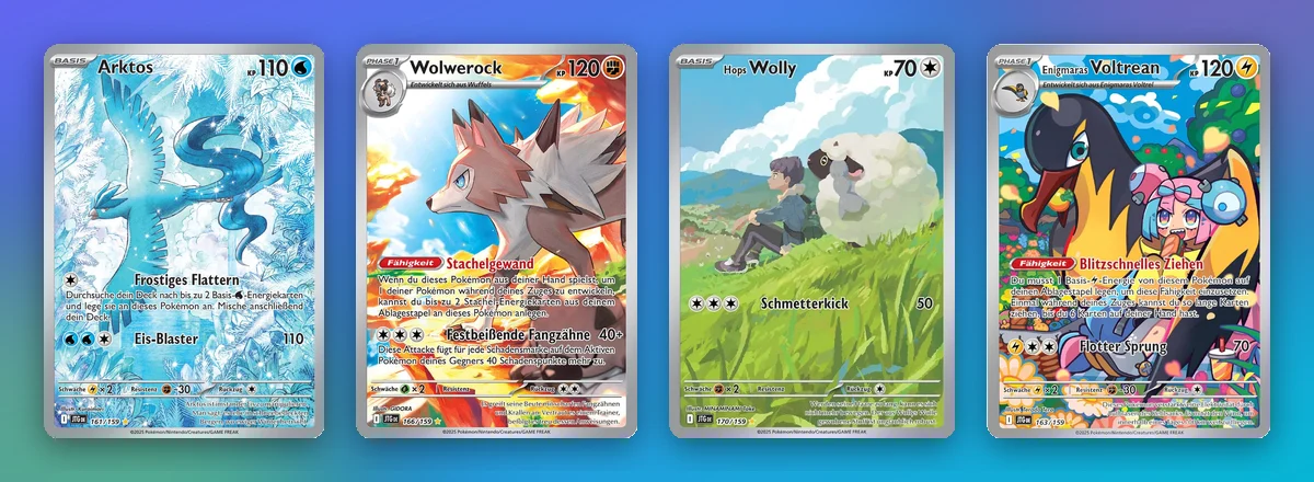 Vier Illustration Rares mit starker Entwicklung: Arktos, Wolwerock, Hops Wolly und Enigmaras Voltrean