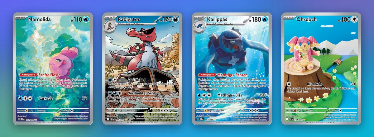 Vier Illustration Rares mit starker Entwicklung: Mamolida, Rabigator, Karippas und Ohrdoch
