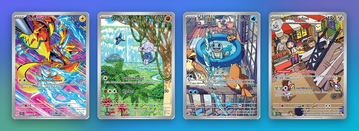 Vier Illustration Rares mit starker Entwicklung: Zeraora, Meditie, Schiggy und Briduradon