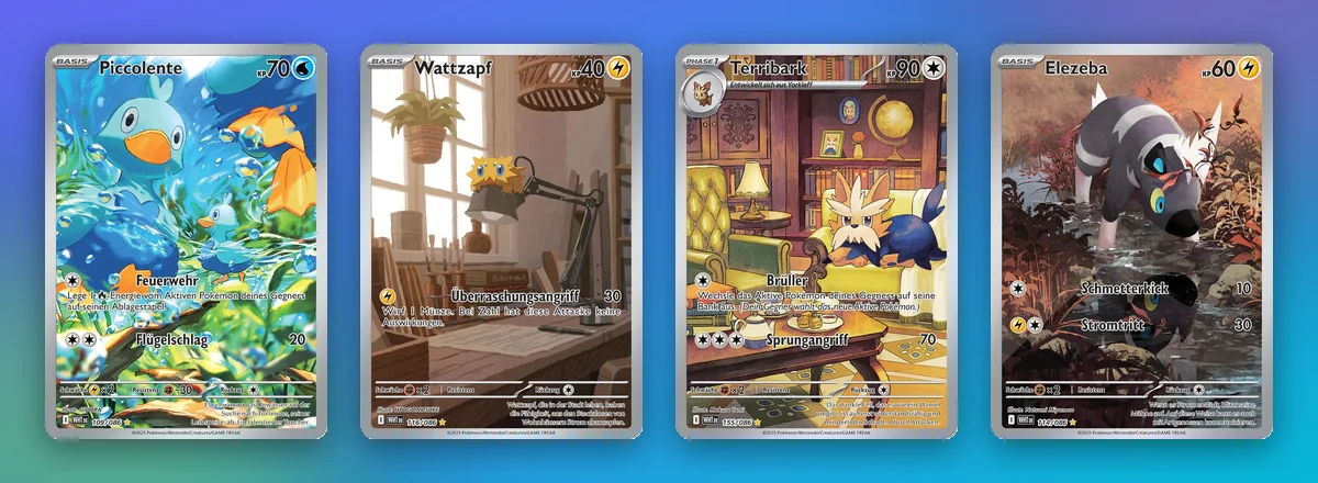 Vier Illustration Rares mit starker Entwicklung: Piccolente, Wattzapf, Terribark und Elezeba