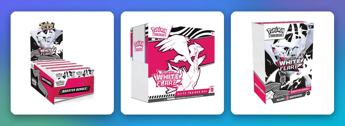 Weiße Flammen Sealed-Produkte: Booster-Bundle-Display, Top-Trainer-Box und Boosterbundle